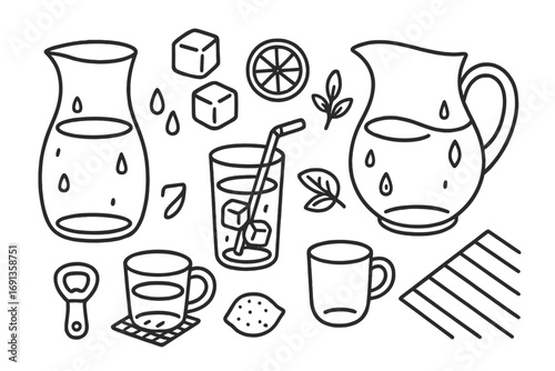 Minimalist Beverage Doodles. Hand-drawn doodle illustration minimalist water carafe and glassware water carafe, glass, ice cubes,