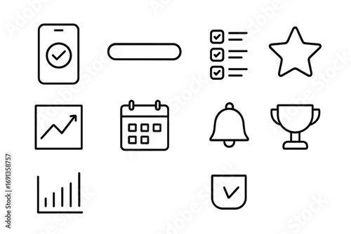 Habit Tracking Icons. Outline icon set of habit tracking apps: phone app, progress bar, checklist, star, graph