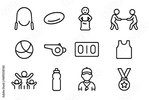 Outdoor School Games Icons. Outline icon set of outdoor school games: jump rope, frisbee, sack race, tug of