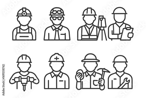 Mining Professionals Icons. Outline icon set of mining workers: miner with helmet, engineer, surveyor, foreman, drill operator,