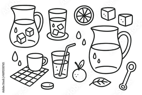 Minimalist Beverage Doodles. Hand-drawn doodle illustration minimalist water carafe and glassware water carafe, glass, ice cubes,