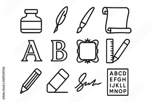 Typography Icon Set. Outline icon set of typography in calligraphy: ink bottle, quill pen, brush, paper scroll