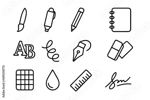 Hand Lettering Icons. Outline icon set of hand lettering: brush, marker, pencil, sketchbook, letters, swirl,