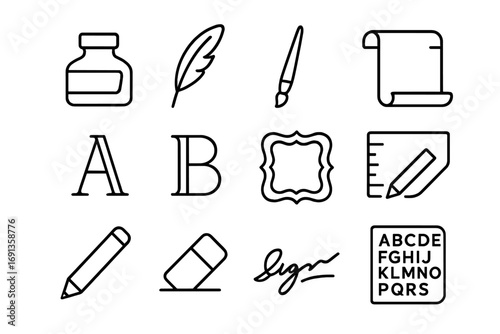 Typography Icon Set. Outline icon set of typography in calligraphy: ink bottle, quill pen, brush, paper scroll
