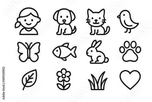 Kids and Animals Icons. Outline icon set of kids and animals: child, dog, cat, bird, butterfly, fish, rabbit,