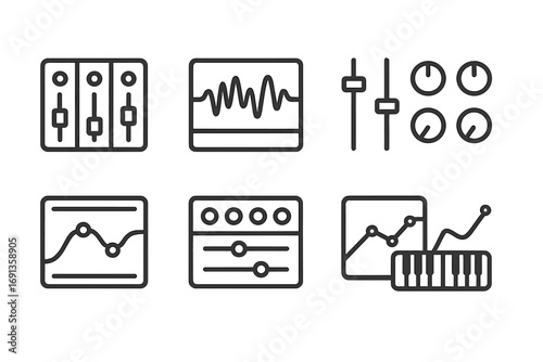 Mixer Interface Icons. Outline icon set of mixer software interface: channel strips, waveform display, fader controls, virtual