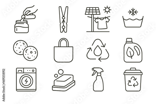 Eco Laundry Icons. Outline icon set of eco-friendly laundry practices: refill detergent jar, bamboo clothespin, solar clothesline,