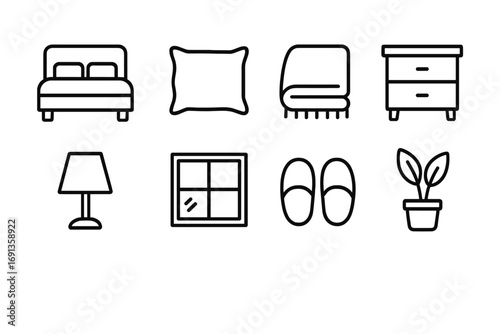 Hygge Bedroom Icons. Outline icon set of hygge bedroom: bed, pillow, blanket, nightstand, lamp, window,
