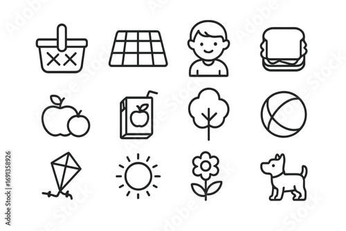 Picnic Icon Set. Outline icon set of picnic with kids: basket, blanket, child, sandwich, fruit, juice box,