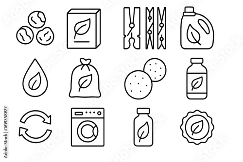 Eco Laundry Icons. Outline icon set of eco-friendly laundry solutions: soap nuts, biodegradable detergent box, bamboo pegs, refill