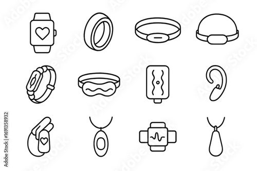 Wearable Stress-Relief Icons. Outline icon set of wearable stress-relief gadgets: smartwatch, smart ring,