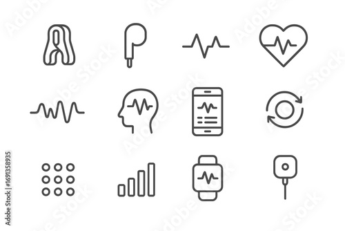 Biofeedback Icon Set. Outline icon set of biofeedback devices: sensor clip, earbud, graph line, heart rate,