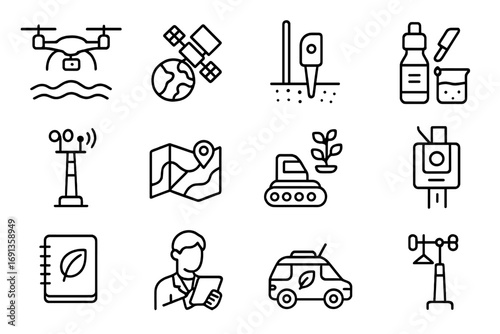 Eco Monitoring Icons. Outline icon set of monitoring and restoration technology: drone surveying, satellite imagery, soil sensor,