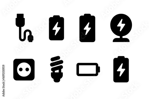 Mobile Charging Icons. Solid, filled icon set of mobile charging and power: charging cable, battery charging, power bank, wireless