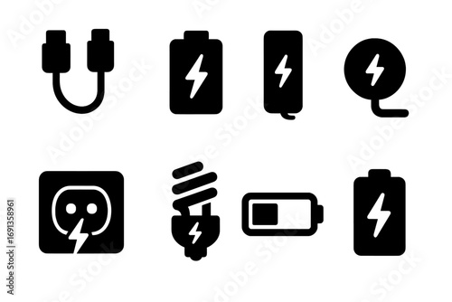 Mobile Charging Icons. Solid, filled icon set of mobile charging and power: charging cable, battery charging, power bank, wireless