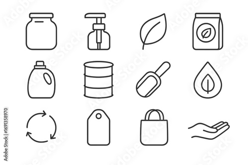 Eco Refill Station Icons. Outline icon set of refill stations for cleaning products: glass jar, refill pump, eco signage,
