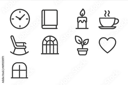 Slow Living Icons. Outline icon set of slow living spaces: clock, book, candle, tea cup, rocking chair, window
