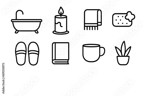 Hygge Bath Essentials Icons. Outline icon set of hygge bath rituals: bathtub, candle, towel, soap bar,