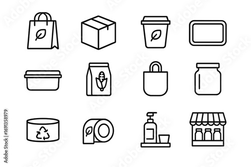 Eco Packaging Icons. Outline icon set of eco-friendly packaging: paper bag, cardboard box, compostable cup, biodegradable tray,