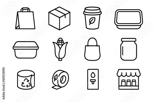 Eco Packaging Icons. Outline icon set of eco-friendly packaging: paper bag, cardboard box, compostable cup, biodegradable tray,
