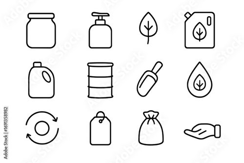 Eco Refill Station Icons. Outline icon set of refill stations for cleaning products: glass jar, refill pump, eco signage,