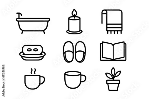 Hygge Bath Essentials Icons. Outline icon set of hygge bath rituals: bathtub, candle, towel, soap bar,