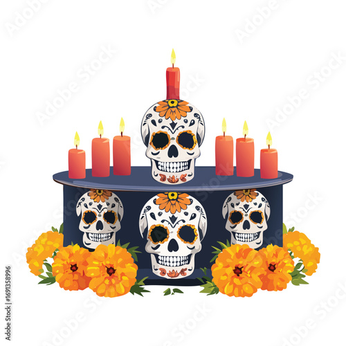 A traditional Day of the Dead (Dia de los Muertos) altar with a decorated sugar skull, candles, and marigold flowers. A festive Mexican holiday illustration. Generative AI