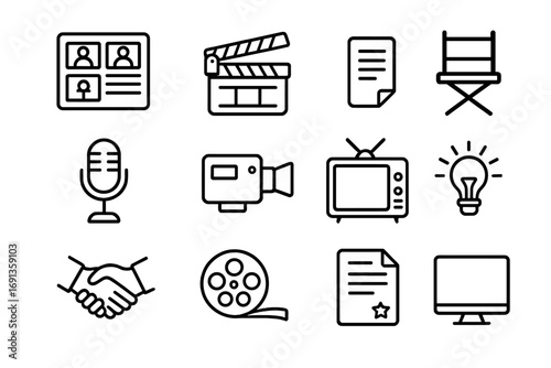 TV Production Icon Set. Outline icon set of TV show pitch and development: storyboard, clapperboard, script,
