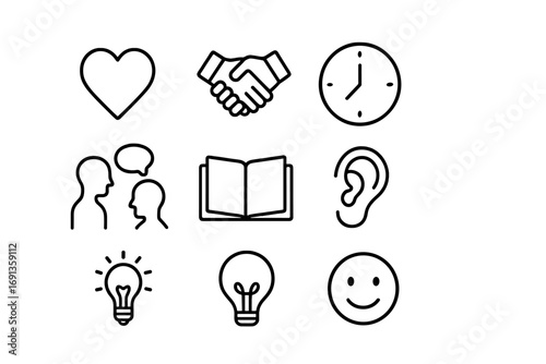 Patience in Relationships Icons. Outline icon set of the role of patience and understanding in relationships:
