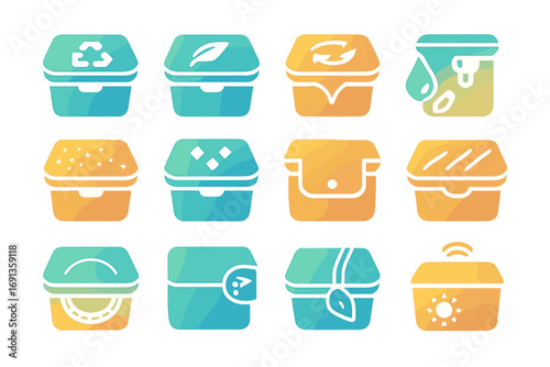 Eco-Friendly Icons Grid. Gradient icons set of eco-friendly hamper lid features: recycled plastic top, bamboo composite lid,