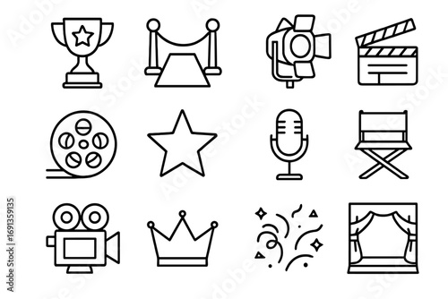 Award Show Icon Set. Outline icon set of award shows: trophy, red carpet, spotlight, clapperboard, film reel,