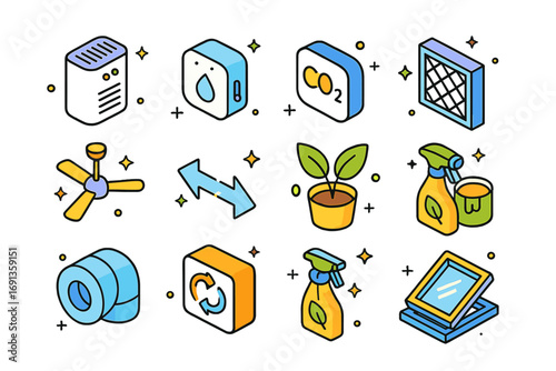 Eco-Friendly Indoor Icons. Colorful isometric vector icons set of indoor air quality in net-zero buildings: air purifier, humidity