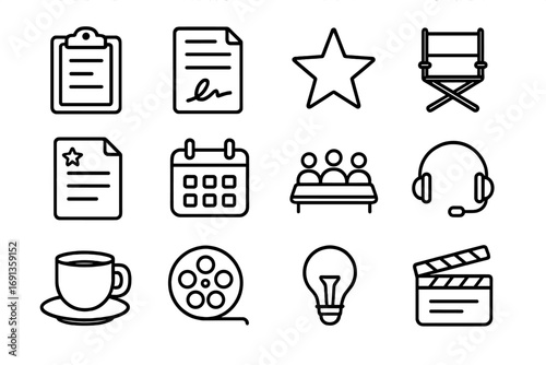Showrunner Icon Set. Outline icon set of showrunner responsibilities: clipboard, contract, star icon, director