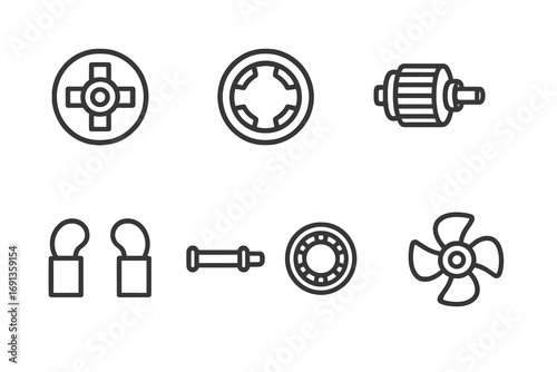 Motor Parts Icons. Outline icon set of motor parts: rotor, stator, armature, commutator, brushes, shaft, bearings, cooling fan.