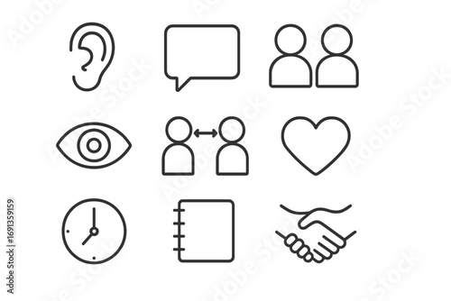 Active Listening Icons. Outline icon set of active listening: ear, chat bubble, two people, notebook, eye