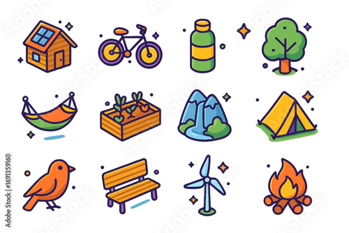 Eco-Friendly Retreat Icons. Colorful isometric vector icons set of eco-friendly retreats: solar cabin, bicycle, reusable bottle,