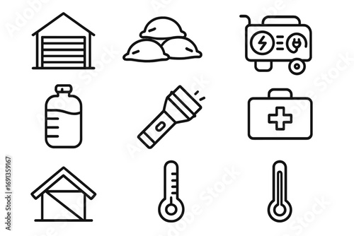 Extreme Weather Preparation Icons. Outline icon set of preparing your home for extreme weather conditions: