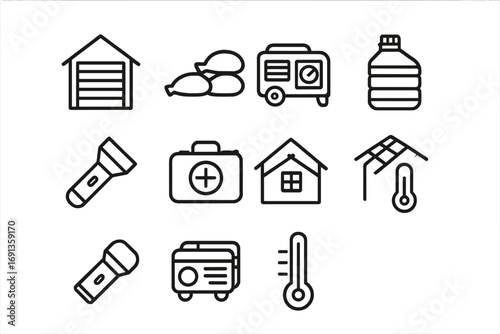 Extreme Weather Preparation Icons. Outline icon set of preparing your home for extreme weather conditions: