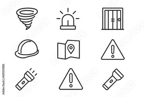Tornado Safety Icons. Outline icon set of tornado safety: tornado swirl, basement stairs, siren, reinforced