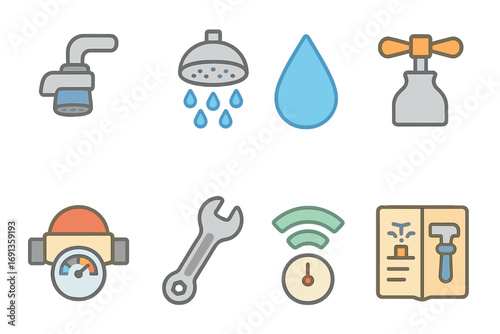Eco-Friendly Water Solutions. Flat vector mini-illustrations Low-flow faucet and shower fixtures in colors children's