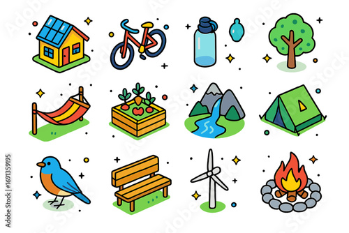 Eco-Friendly Retreat Icons. Colorful isometric vector icons set of eco-friendly retreats: solar cabin, bicycle, reusable bottle,