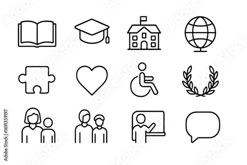 Inclusive Education Icons. Outline icon set of inclusive education: book, graduation cap, school, globe,