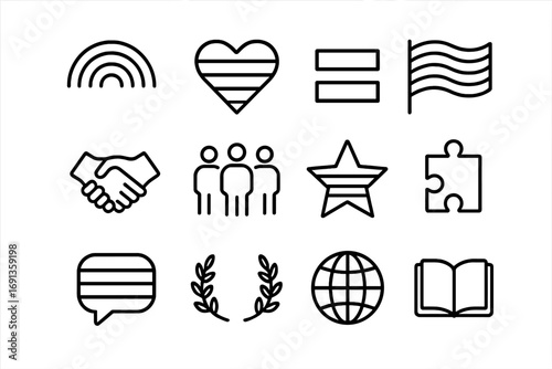 LGBTQ+ Inclusion Icons. Outline icon set of LGBTQ+ inclusion: rainbow, heart, equal sign, flag, handshake,