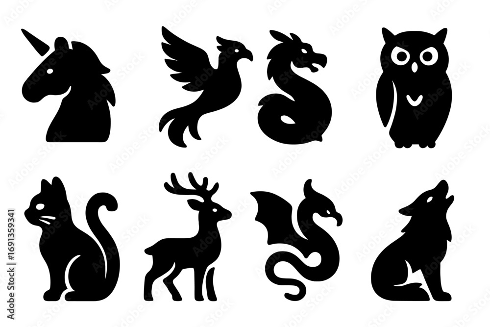 Fototapeta premium Mystical Animal Icons. Solid, filled icon set of mystical animals: unicorn, phoenix, dragon, owl, black cat, spirit deer, winged