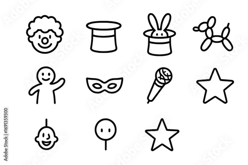 Kids' Party Icons. Outline icon set of entertainers at kids’ parties: clown face, magician hat, rabbit in hat,