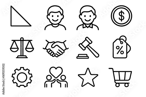 Economic Icon Set. Outline icon set of consumer and producer surplus: triangle area chart, happy buyer, happy seller, dollar coin,