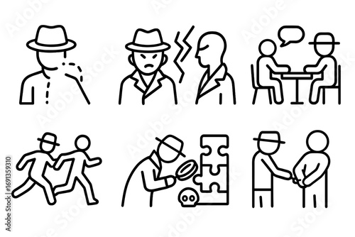 Mystery Icons Set. Outline icon set of mystery events: disappearance, confrontation, secret meeting, chase, discovery, confession,