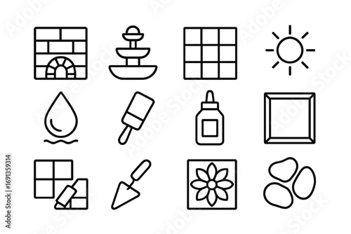 Outdoor Mosaic Icons. Outline icon set of outdoor mosaic: garden wall, fountain, tile, sun symbol, water drop,