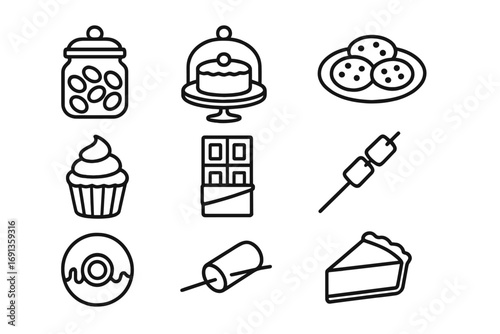 Sweet Treat Icons. Outline icon set of sweet treats table: candy jar, cake stand, cookie plate, cupcake,