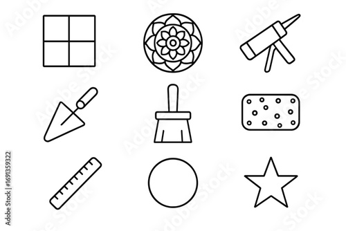 Artistic Tile Icon Set. Outline icon set of artistic floor tiles: square tile, mandala design, adhesive, grout